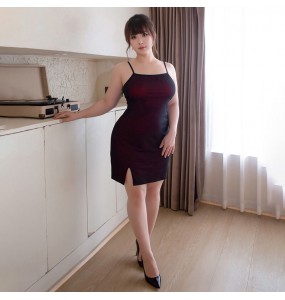 FEE ET MOI - Sexy Slit Spaghetti Strap Dress (Plus Size - Black Red)